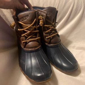 Sperry SALTWATER Duck Rain Boots Brown Leather/Blue Rubber Lace/Zip Girls 5